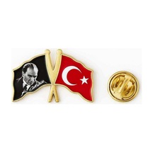 Mustafa Kemal Atatürk Ve Türk Bayrağı Rozet Gold Gri