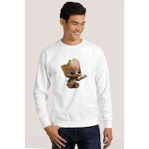 I Am Groot Tape Baskılı Beyaz Erkek Örme Sweatshirt