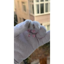 Kadın Gümüş Renk Pembe Kalpli Şık Tasarım Sallantılı Küpe Gümüş