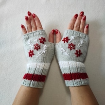 Newdaycraft El Örgüsü Motifli Parmaksız Cicekislemeli Acik Gri Eldiven Açık Gri