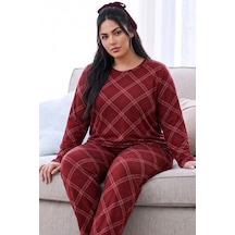 Siyah İnci Desenli Termal Kumaşlı Ultra Soft Yumuşak Büyük Beden Battal Boy Örme Pijama Takımı 26226723 Bordo
