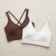 Stormwear Kadın 2'li Paket Çapraz Askılı Dalgıç Kumaş Crop Bustiyer Seti - Kahverengi & Beyaz Spor Bralet Top Beyaz - Kahverengi