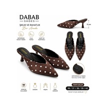 Dabab Shoes Sevılla Puantiye Desenli Acı Kahve Saten Sivri Burunlu 5 Cm İnce Topuklu Mule Terlik Kahverengi