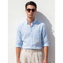 Lcwaıkıkı Classic Mavi Regular Fit Keten Karışımlı Erkek Gömlek