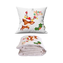 Noel Işıklı Geyik Baskılı Dekoratif Yastık Kırlent Opsiyonel Battaniye 2 İn 1 Çok Renkli