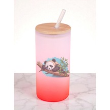 Panda Baskılı 600 Ml Cam Matara- Su Matarası, Suluk Matara, Cam Pipetli Matara Kırmızı