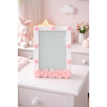 Ponpon Ve Çiçek Detaylı Bebek Odası Çerçeve 15x21 Cm El Yapımı Fotoğraf Çerçevesi Pembe