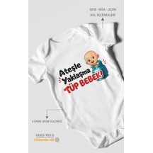Morivokids Ateşle Yaklaşma Tüp Bebek Kısa Kollu Bebek Body %100 Pamuk Beyaz