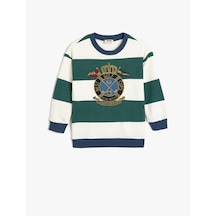 Koton Oversize Sweatshirt Uzun Kollu Bisiklet Yaka Aplike Detaylı Yeşil Çizgili 5wkb10381tk Yeşil