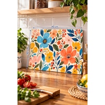 Gökçeoğlu Cam Kesme Tahtası Boho Çiçek Temalı - Cam Kesme Tablası 30cm X 40cm Çok Renkli