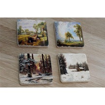 Doğa Ve Orman Manzarası Doğal Taş Bardak Altlığı 4'lü Set - Natural Stone Coasters - Taş Çok Renkli