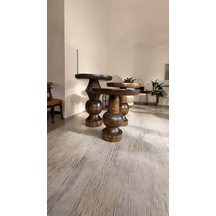 Wood Wooden Ahşap 3 Lü Set Fitilli Mantar Yan Sehpa / Ceviz Renk / Zigon Sehpa Vernikli Kahverengi