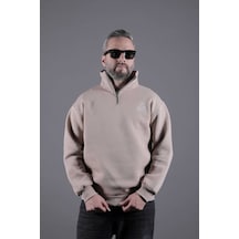 Dik Yakalı Parçalı Erkek Sweatshirt Krem