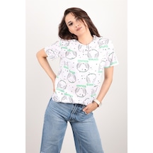 Kadın Baskılı Bisiklet Yaka Oversize T-shirt Çok Renkli