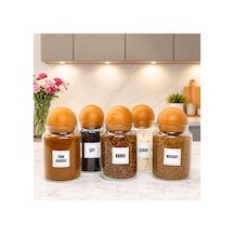 5'li Ahşap Top Kapaklı Cam Kahve Çay Hazır Kahve Şeker Türk Kahvesi Saklama Kavanozu Seti 800 Ml Çok Renkli