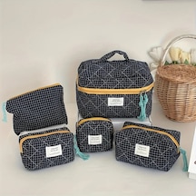 Fochsia Mavi Klasik Ekose Beş Parça Set Çanta Makyaj Çantası Kalemlik Coin Purse Ahşap