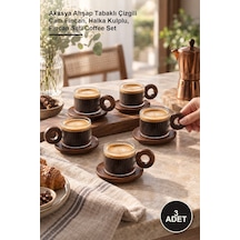 3 Adet Çizgili Akasya Kahve Takımı Akasya Ahşap Tabaklı Çizgili Cam Fincan, Halka Kulplu, Fincan Seti Coffee Set Diğer