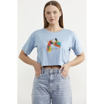Oversize Baskılı Crop Tişört - Mavi Çok Renkli
