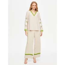 Şal Desenli Nakış Detaylı V Yaka Uzun Kollu Bluz 69142 U6914272 Taş