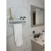 Defne Banyo Ahşap Raflı Beyaz Metal Havlu, Şal Askılık Beyaz Raf Beyaz