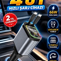 66w 4 Portlu Araç Şarj Cihazı Pd Qc Hızlı Şarj, Çekilebilir Kablo Ve 180 Döner Başlık