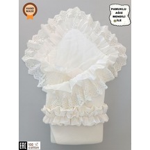 Dantelli Bebek Battaniyesi %100 Pamuklu Doğal Organik Uyku Kundağı Hediyelik Yenidoğan Mevlütlük Ekru