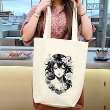Tattoo İç Cepli Körüklü Örgü Kulplu Kanvas Çanta 35x40x10 Cm Beyaz
