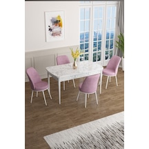 Canisa Concept Han Serisi 70x114 Açılabilir Mdf Mutfak Masa Takımı Beyaz Mermer Desen Masa Ve 4 Pembe Sandalye Masa Beyaz Mermer Desenli Sandalyeler Pembe