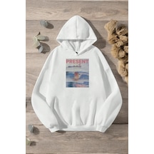 Present Baskılı Oversize Sweatshirt Beyaz