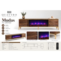 Mudas Elektrikli Şömineli Tv Ünitesi 180 Cm Ceviz Gold Modern Dalgalı Kapaklı Tv Sehpası