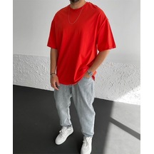 - Oversize Pamuklu Bisiklet Yaka Unisex T Shirt Kirmizi