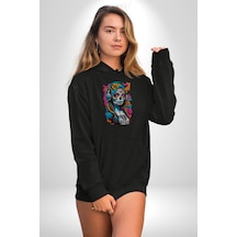 Kulaklık Müzik Dinleyen Kız Kadın Erkek Siyah Kapüşonlu Sweatshirt Hoodie Siyah