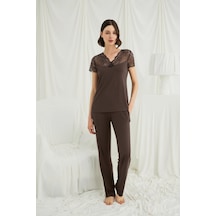 Monamise Kadın Kısa Kollu Ve Dantelli V Yaka Pijama Takımı 18702 Kahve