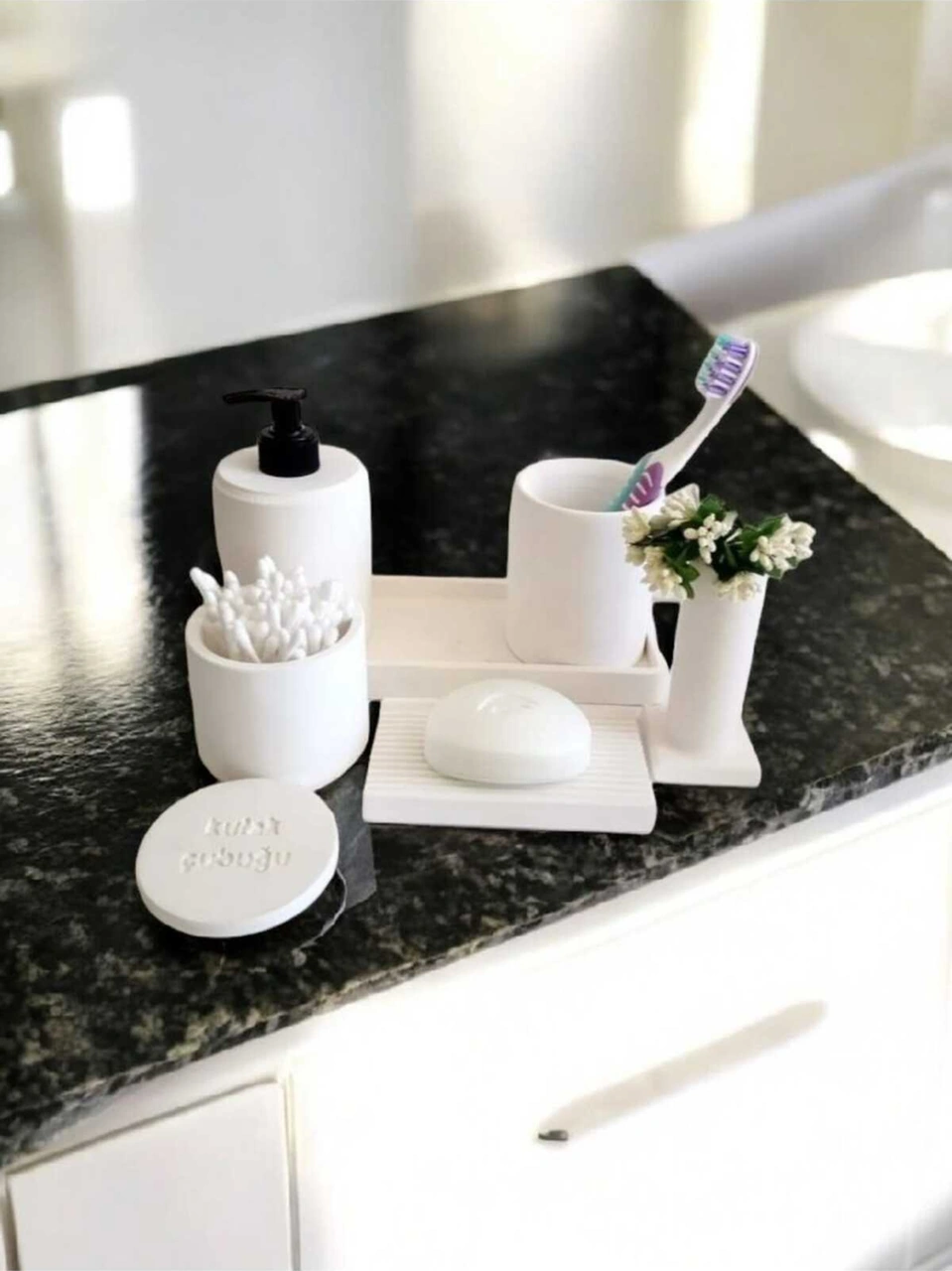 Kırık Beyaz Beton Banyo Seti Tuvalet Wc Sıvı Sabunluk Diş Fırçalığı Beton Aksesuar Takım Beyaz