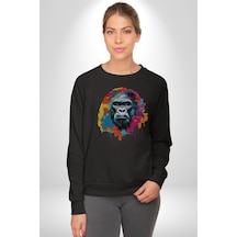 Renkli Maymun Goril Unisex Siyah Baskılı Sweatshirt Siyah
