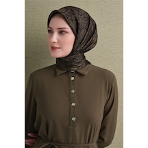 Armine Sura Saf İpek Eşarp 9640 51 Haki Kahverengi Etnik Desen