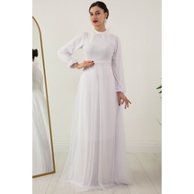 Kalopya Pliseli Uzun Kol Yaksı Tüylü Tül Elbise Esp045 BEYAZ