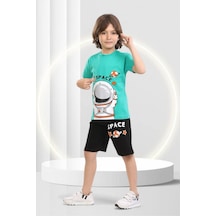 Veramoni Yazlık Çocuk Space Baskılı Kısa Kollu Bisiklet Yaka T-shirt Şort Alt Üst Takım Yeşil