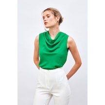 Sateen Degaje Yaka Kolsuz Bluz - Yeşil