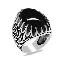 Buğday Detaylı Siyah Oniks Taşlı 925 Ayar Gümüş Erkek Yüzük