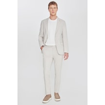 Ac Sports Erkek Bej Pamuklu Slim Fit Dar Kesim Mono Yaka Diagonal Desenli Kapak Cepli Takım Elbise