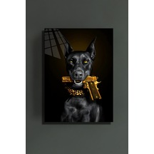 Doberman Ve Silah Cam Tablo Sanatsal Duvar Dekoru Canlı Renkli Baskı Salon Ve Oturma Odası Sevdiklerinize Hediyelik Dayanıklı Cam Yapı