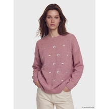 Lcw Modest Pembe Bisiklet Yaka Çiçek Nakışlı Kadın Triko Tunik