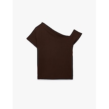 Koton Bürümcük Kumaş Slim Fit Kısa Kollu Asimetrik Kesim Tek Omuz Bluz Kahverengi 6sak10287ek Kahve