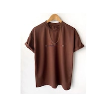 Paris Çizgi Detay T-shirt - Kahverengi Baskılı Oversize Bisiklet Yaka Kısa Kol Kahve