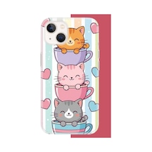 İphone 15 Uyumlu Kawaii Fincandaki Kediler Uv Baskılı Silikon Kılıf Renkli