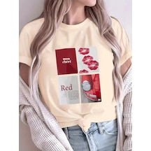 Uyguntarz Unisex Red Mon Cheri Baskılı Tasarım Tshirt Bej