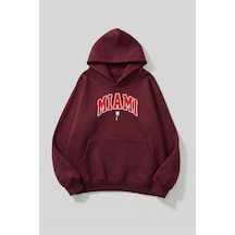 Uyguntarz Unisex Yumuşak Dokulu Miami Baskılı Tasarım Oversize 3 İplik Hoodie Sweatshirt Bordo