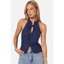 Hiccup Qipao Halter Yaka Düğmeli Top Lacivert