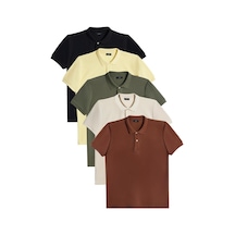 Tudors Erkek 5'li Paket Siyah-sarı-haki-ekru-kahverengi Slim Fit Pamuklu Düz Pike Polo Yaka Tişört-35586 Multi